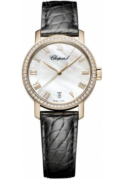 The 18k rose gold copy Chopard Classic 134200-5001 watches have black leather straps.